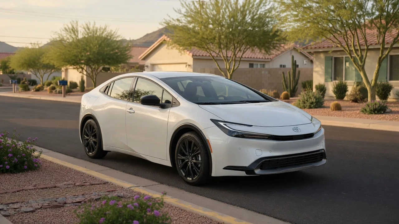 Illustrative Toyota Prius on a sunlit Phoenix neighborhood street